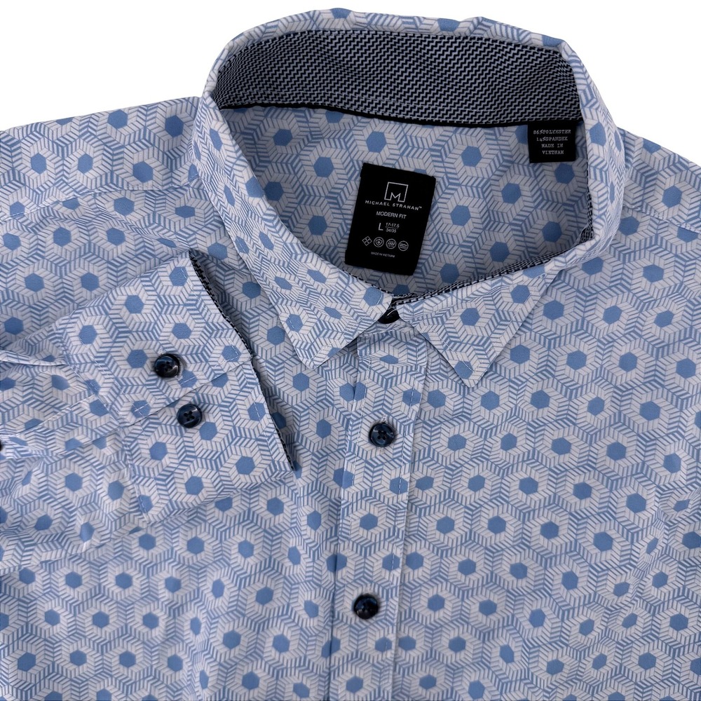 Michael Strahan Button Up Mens Large Blue Geometric Modern Fit Stretch Shirt